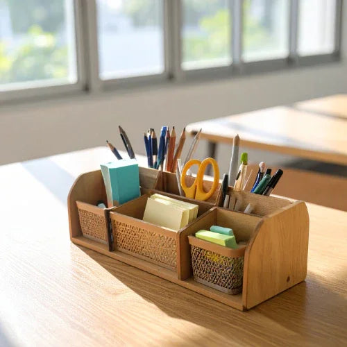 Wooden desktop organizer with compartments holding pencils, scissors, sticky notes on a sunlit desk