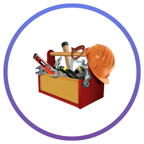 Red wooden toolbox with construction tools and orange safety helmet inside