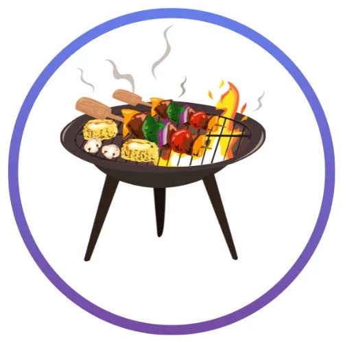 Round charcoal grill with skewers of vegetables and meat, mushrooms, and fire flames