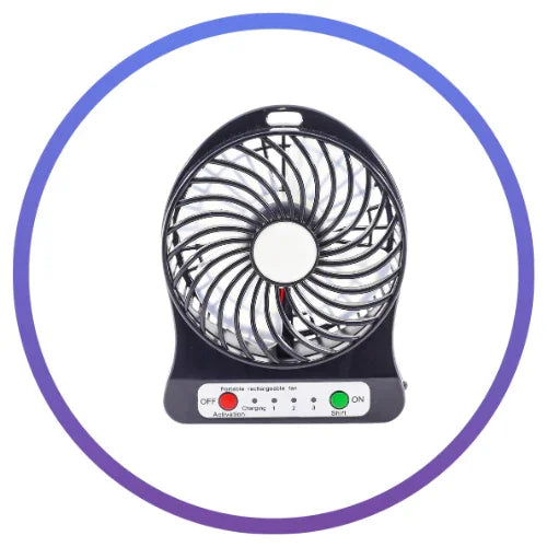 Compact portable black rechargeable mini fan with control buttons and LED indicators