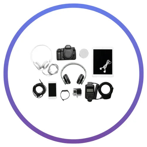 Flat lay of camera, tablet, headphones, smartphone, smartwatch, and electronic accessories on white background