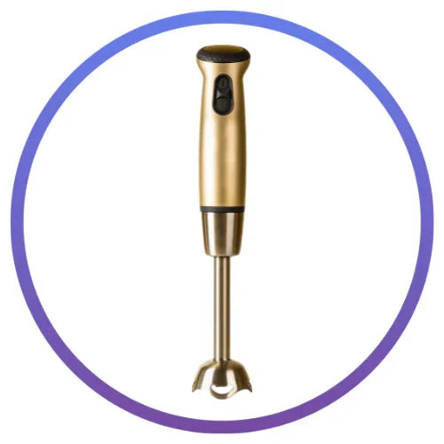 gold hand blender with black buttons and stainless steel blade in a blue circular frame