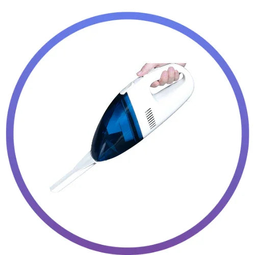 Handheld cordless vacuum cleaner with blue dust container and white body inside purple circle