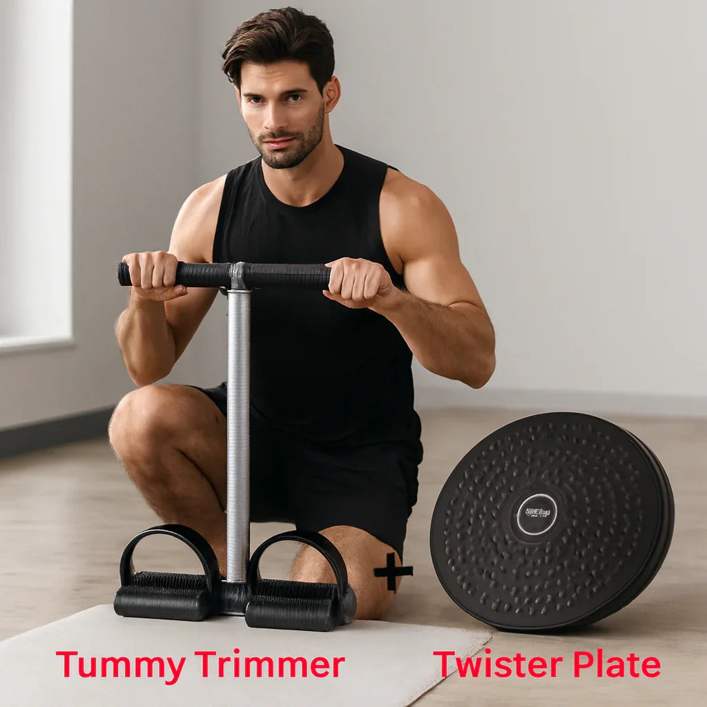 Man in black workout outfit using tummy trimmer and twister plate for fitness exercises indoors