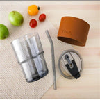 Bamboo Joint Glass Cup with Lid & Straw