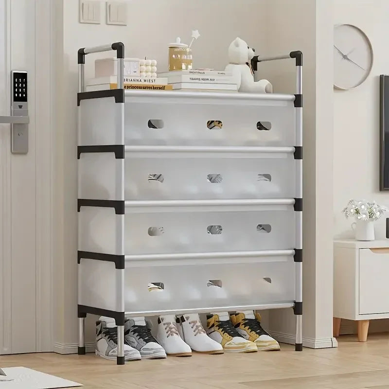 White multi-tier shoe rack with shoes and decorative items in a modern entryway