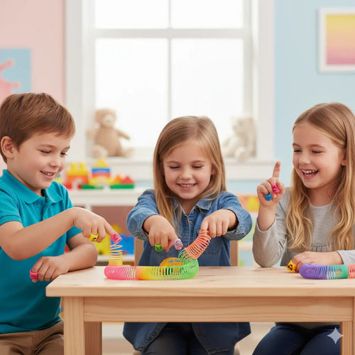 Three children playing with colorful spring toys at a wooden table in a bright playroom